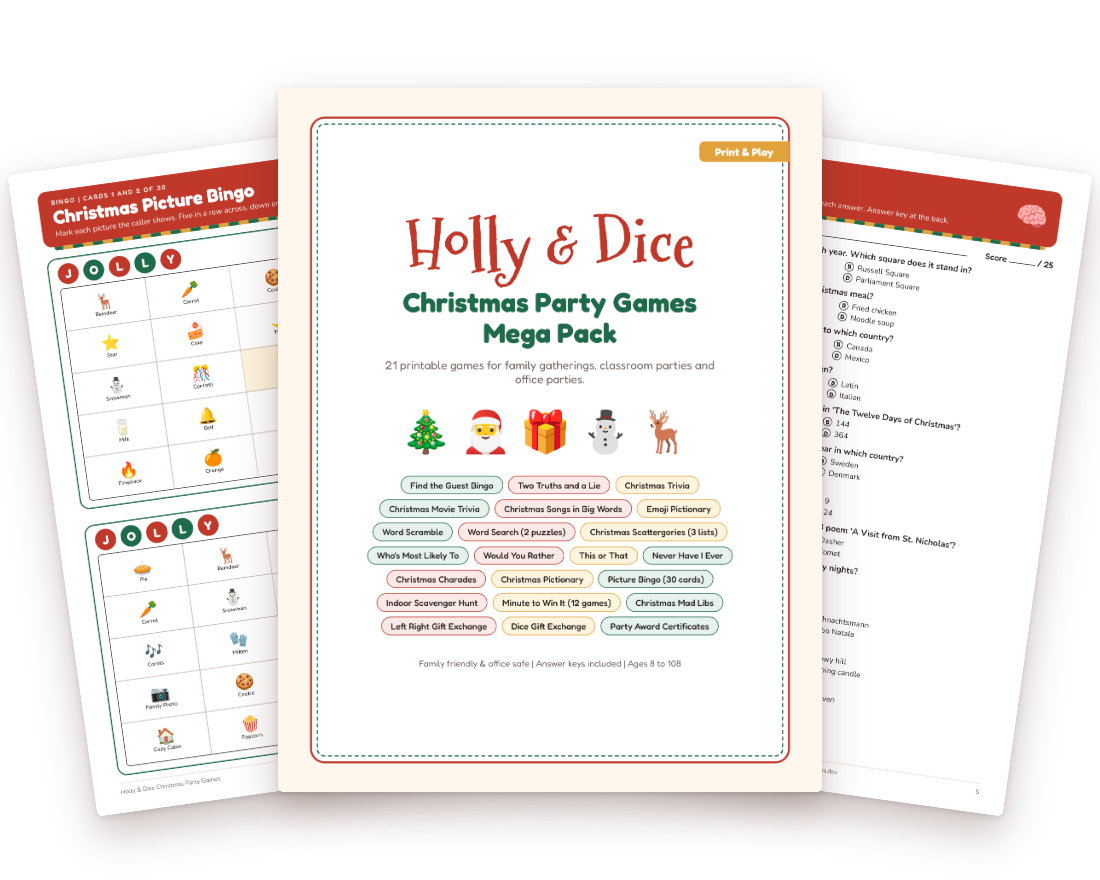 Holly and Dice Christmas Party Games Mega Pack pages: cover, trivia, bingo and charades cards