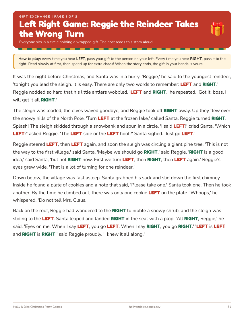 Left Right gift exchange story printable page