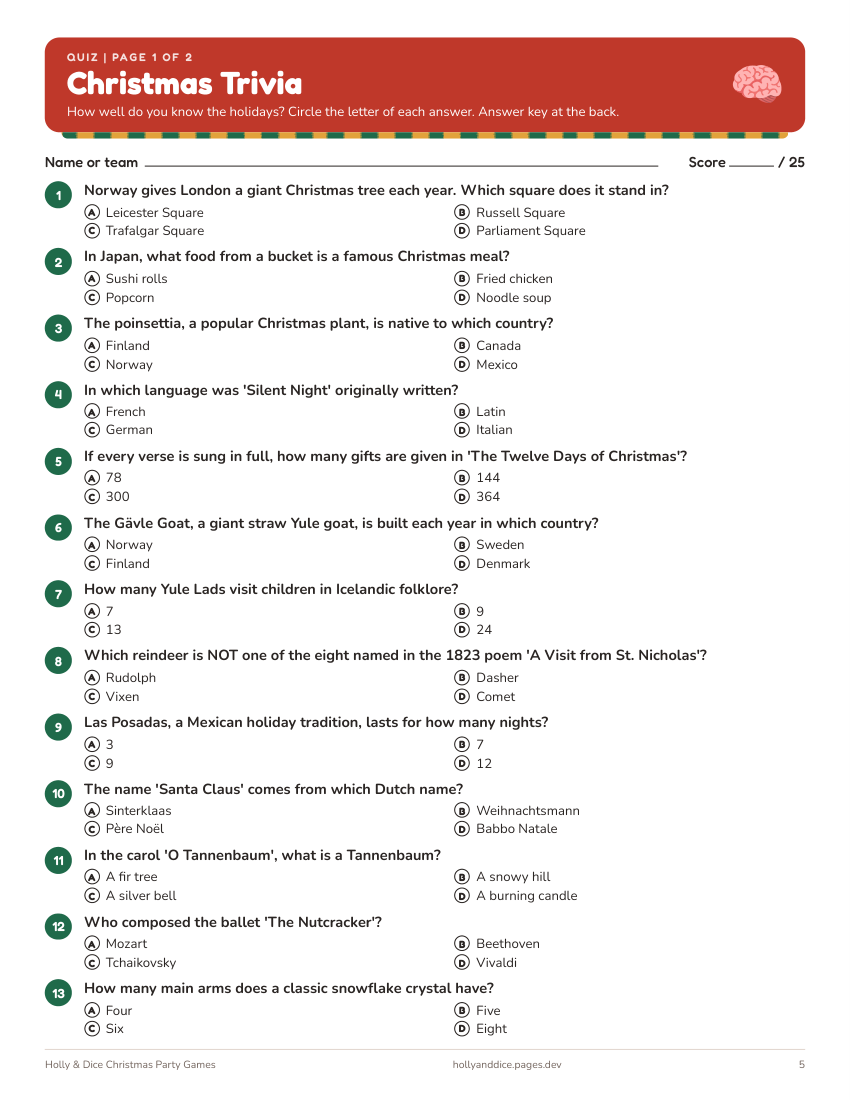 Christmas Trivia printable page